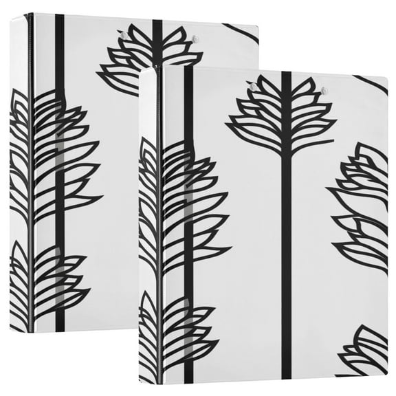 Black and White Leaf Pattern 12.4x10.6in PVC Round Ring Binder, D-Ring 3-Hole, Metal Clip, 200 Sheets