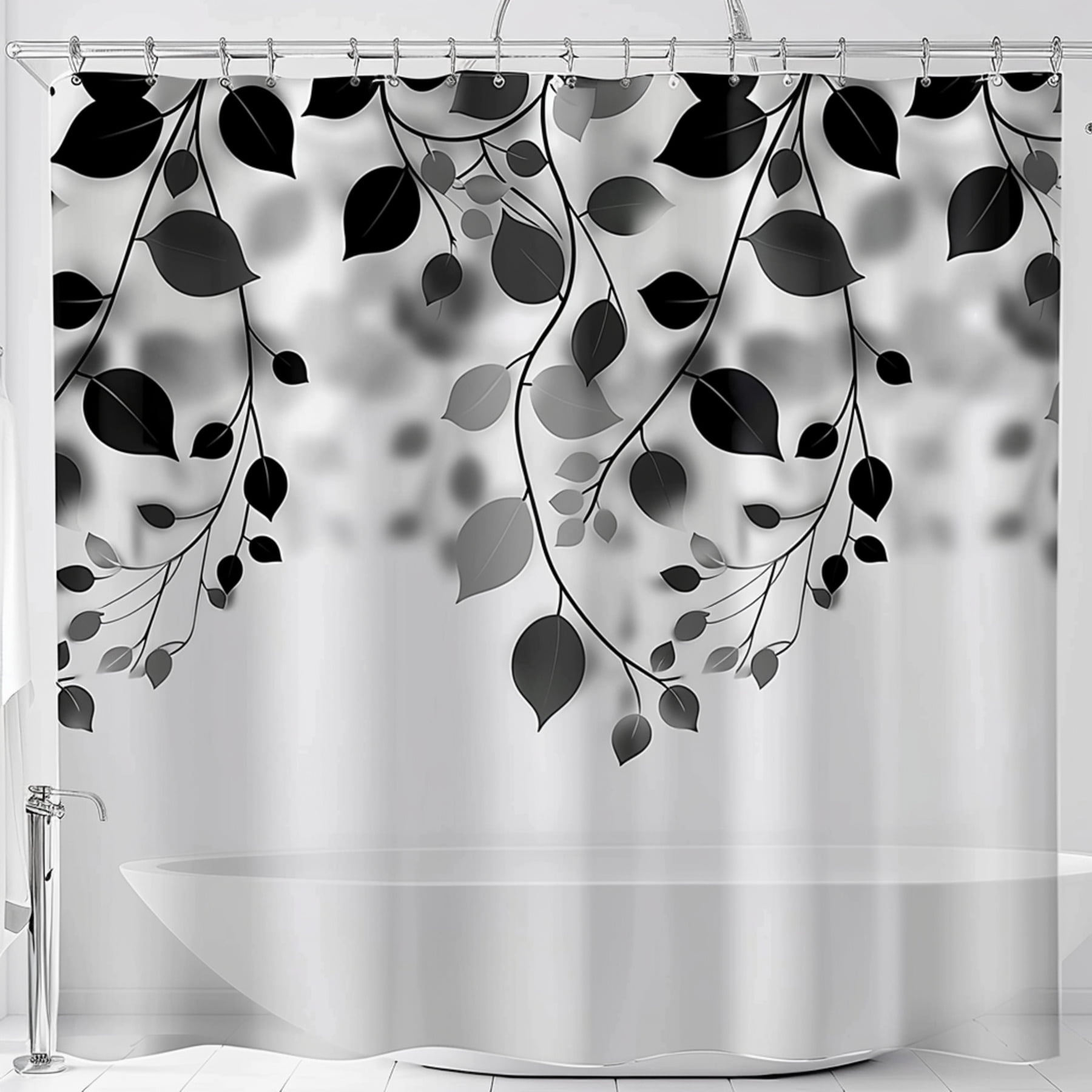 Black and White Leaf Pattern Bathroom Curtain with Transparent Fabric ...