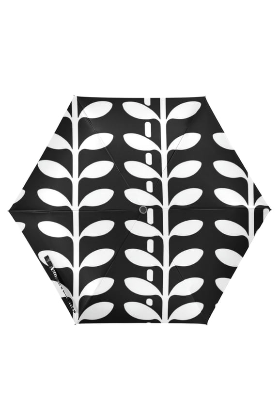 Black and White Leaf Pattern Folding Umbrella UV50+ Waterproof Sun Protection Auto Open Close Compact Fiberglass Frame