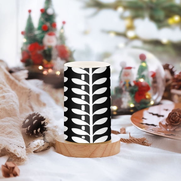 Black and White Leaf Pattern Set of 2 Flameless LED Candles Remote and Timer Indoor Outdoor
