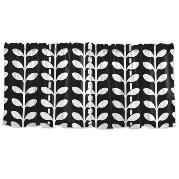 Black and White Leaf Pattern Tier Curtains for Kitchen 57x24 Inch Semi Sheer Light Filtering Half Window Curtains 2 Panels