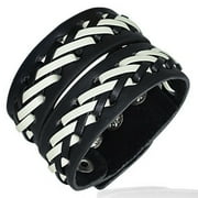 Black and White Leather Alloy Weave Cross Snap Unisex Bracelet