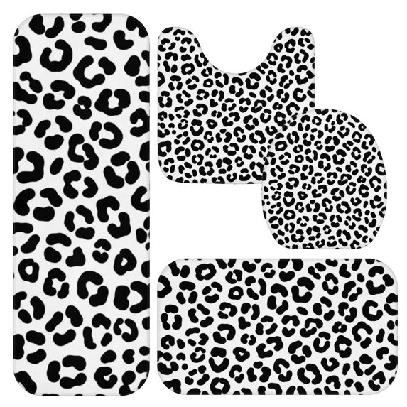 Black and White Leopard Print Pattern Bathroom Rug Set 4 Piece,Includes Contour,Lid Cover,Bath Mat,Non-Slip Extra Soft Absorbent Washable