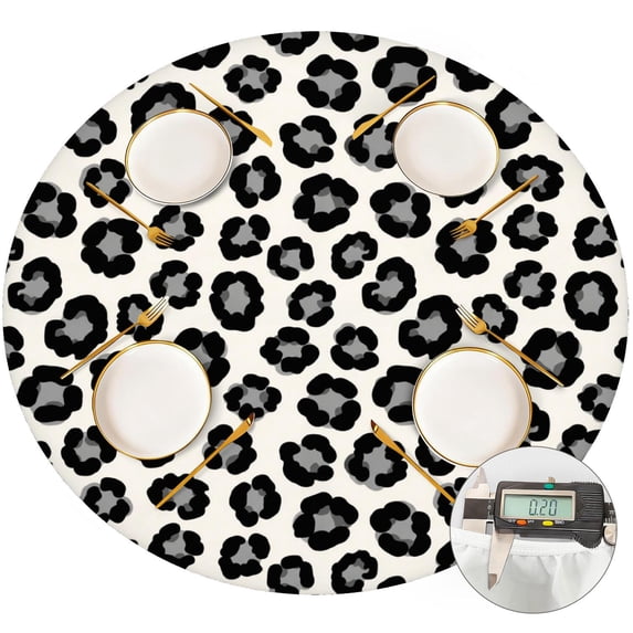 Black and White Leopard Print Round Fitted Tablecloth with Elastic Edge, Waterproof Dining Table Cover for Indoor Outdoor Camping and Daily Use