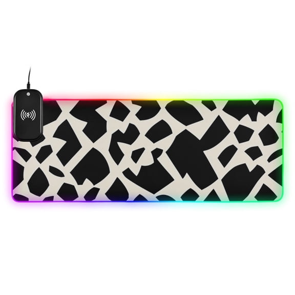 Black and White Leopard Prints Wireless Charging RGB Gaming Mouse Pad Large Keyboard Mat Rubber Base 13 Light Modes