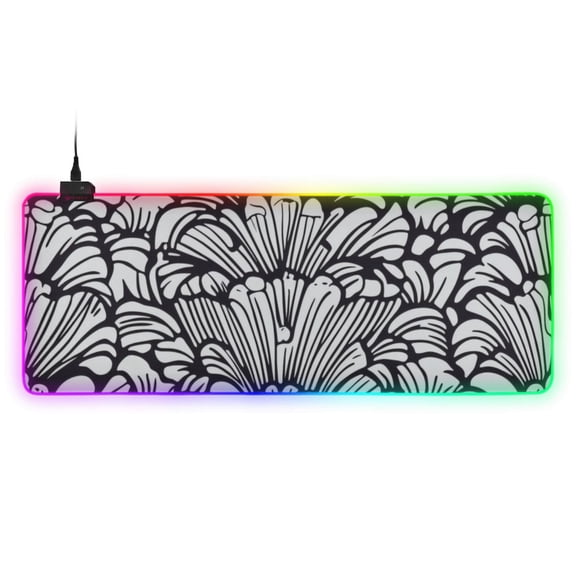 Black and White Line Flower RGB Gaming Mouse Pad Large Keyboard Mat Rubber Base 13 Light Modes