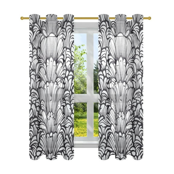 Black and White Line Flower Semi Sheer Curtains for Living Room Bedroom Set of 2 Insulated Window Drapes