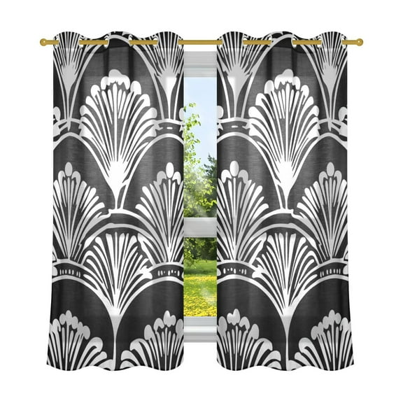 Black and White Line Shell Semi Sheer Curtains for Living Room Bedroom Set of 2 Insulated Window Drapes