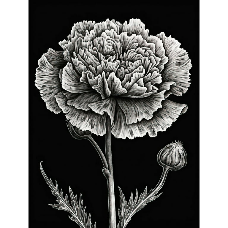 Black and White Linocut Carnation Flower Print Large Wall Art Poster Print  Thick Paper 18X24 Inch 