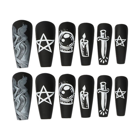 Black and White Long Stiletto Press on Nails, Star, Abstract, and Moon Matte Fake Nails, 24 Count