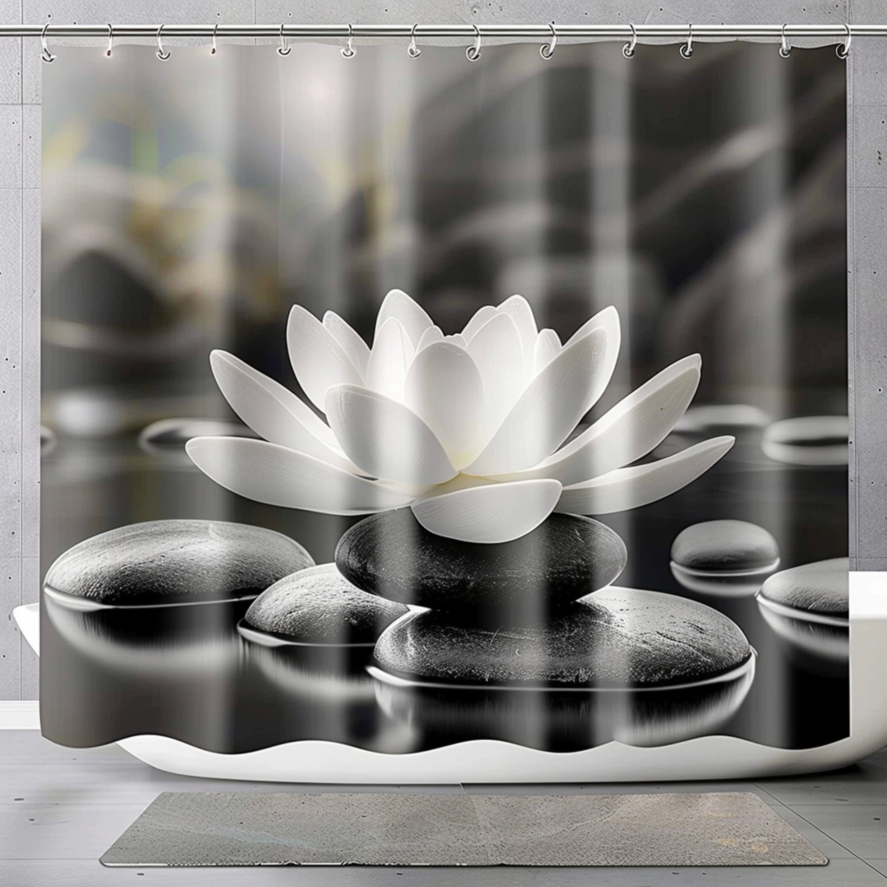 Black and White Lotus Flower Shower Curtain with Grey Stones Bathroom ...