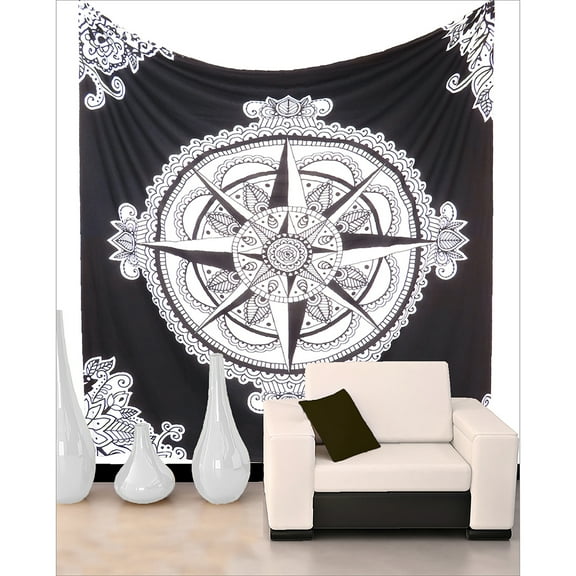 Black and White Mandala Star Patterned Bohemian Tapestry/ Wall Hanging Decorative Tapestry