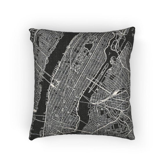Black and White Manhattan Street Map Decorative Woven Pillow, Cotton-Polyester Shell, Urban Home Decor