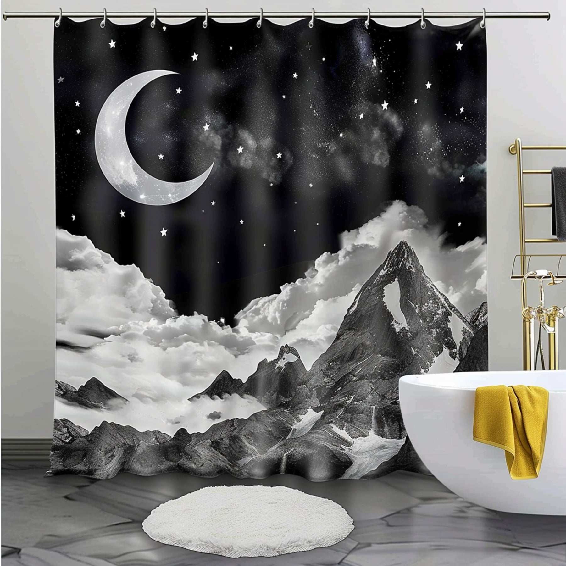 Black and White Marble Mountain Crescent Moon Bathroom Decor Set with Silver Stars Curtain Grey