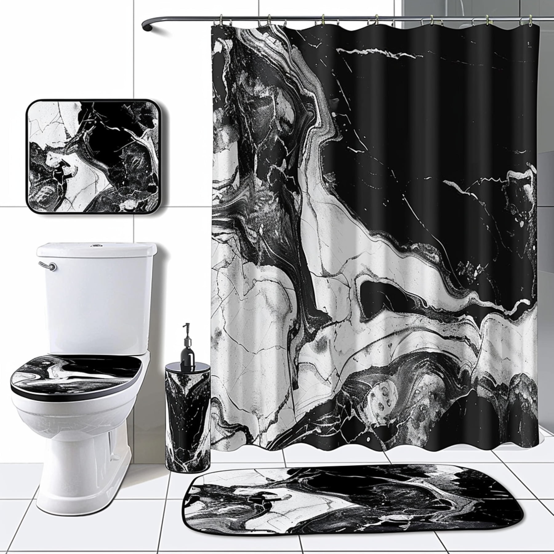 Black and White Marble Patterned Shower Curtain Set HighEnd Black & Gray Bathroom Decor ...