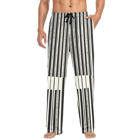Black and White Mens Cotton Pajama Pants Long Staple Lightweight Sleep Bottoms with Pockets Breathable