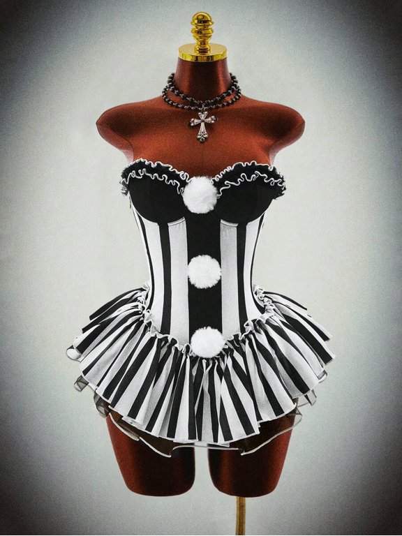 Black and White Moonlight Clown Gothic Black & White Striped Strapless