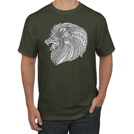 Black and White Mosaic Retro Mandala Animal Animal Lover Graphic T-Shirt, Military Green, 4XL