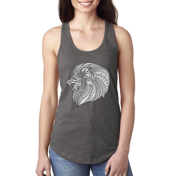 Black and White Mosaic Retro Mandala Animal Animal Lover Ladies Racerback Tank Top, Dark Grey, Large