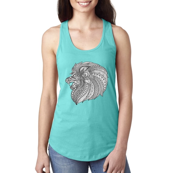 Black and White Mosaic Retro Mandala Animal Animal Lover Ladies Racerback Tank Top, Tahiti Blue, Medium