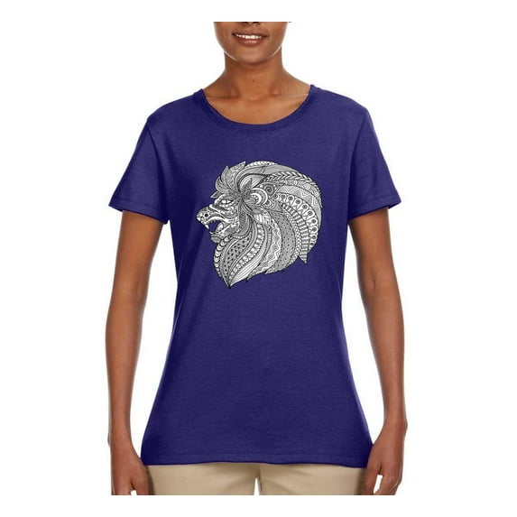 Black and White Mosaic Retro Mandala Animal Animal Lover Womens Graphic T-Shirt, Purple, 2XL
