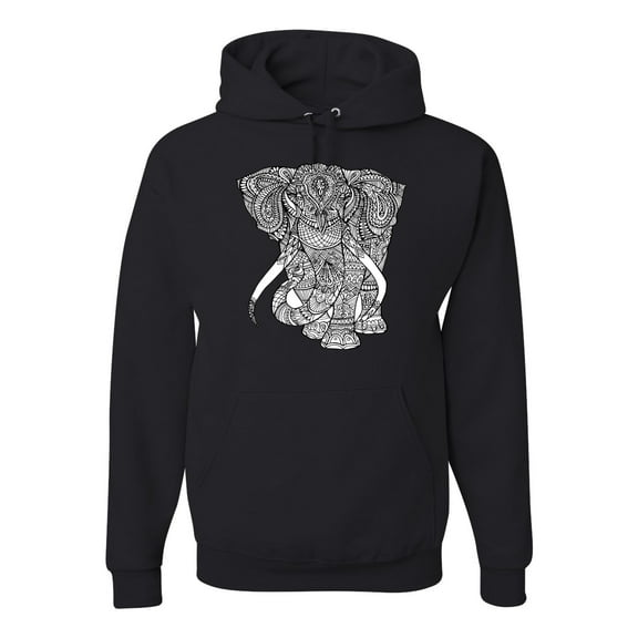 Black and White Mosaic Retro Mandala Elephant Animal Lover Graphic Hoodie Sweatshirt, Black, Small