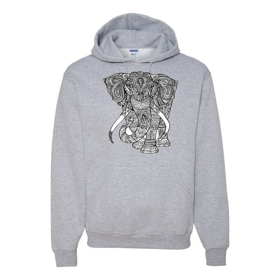 Black and White Mosaic Retro Mandala Elephant Animal Lover Graphic Hoodie Sweatshirt, Heather Grey, X-Large