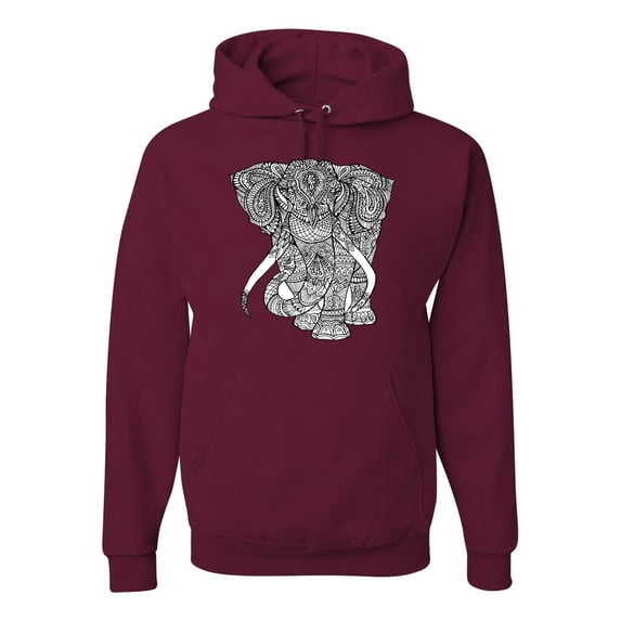 Black and White Mosaic Retro Mandala Elephant Animal Lover Graphic Hoodie Sweatshirt, Maroon, X-Large