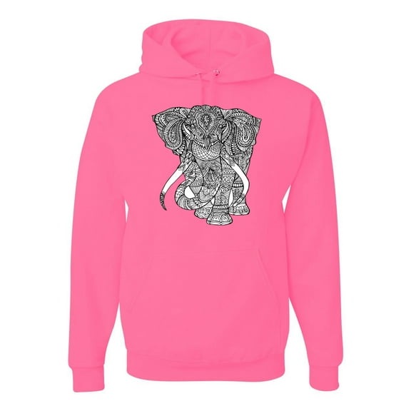 Black and White Mosaic Retro Mandala Elephant Animal Lover Graphic Hoodie Sweatshirt, Neon Pink, 2XL
