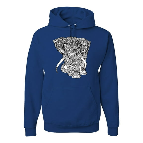 Black and White Mosaic Retro Mandala Elephant Animal Lover Graphic Hoodie Sweatshirt, Royal, X-Large