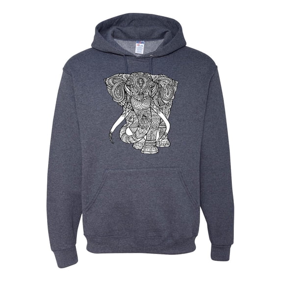 Black and White Mosaic Retro Mandala Elephant Animal Lover Graphic Hoodie Sweatshirt, Vintage Heather Navy, X-Large