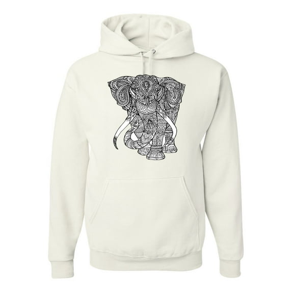 Black and White Mosaic Retro Mandala Elephant Animal Lover Graphic Hoodie Sweatshirt, White, X-Large
