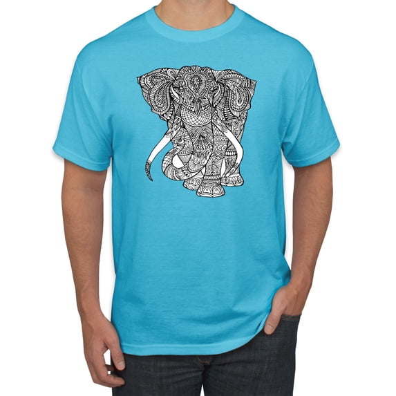 Black and White Mosaic Retro Mandala Elephant Animal Lover Graphic T-Shirt, Light Turquoise, Small