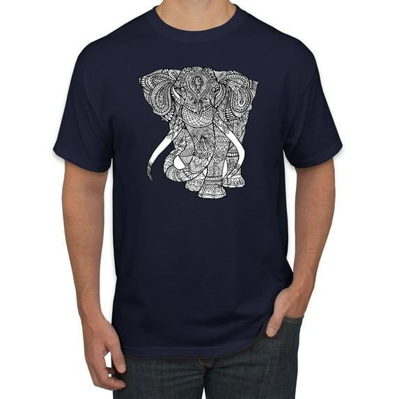 Black and White Mosaic Retro Mandala Elephant Animal Lover Graphic T-Shirt, Navy, 2XL