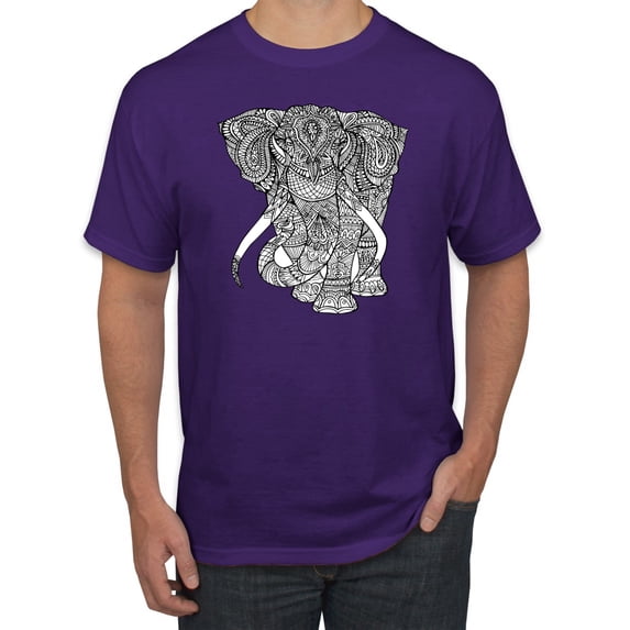 Black and White Mosaic Retro Mandala Elephant Animal Lover Graphic T-Shirt, Purple, 3XL