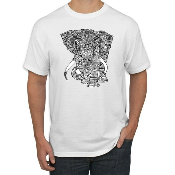 Black and White Mosaic Retro Mandala Elephant Animal Lover Graphic T-Shirt, White, Large