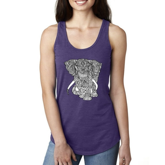Black and White Mosaic Retro Mandala Elephant Animal Lover Ladies Racerback Tank Top, Purple Rush, Large