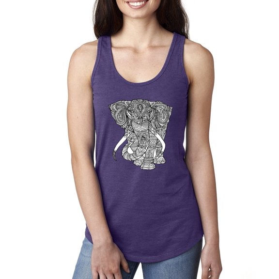 Black and White Mosaic Retro Mandala Elephant Animal Lover Ladies Racerback Tank Top, Purple Rush, Small