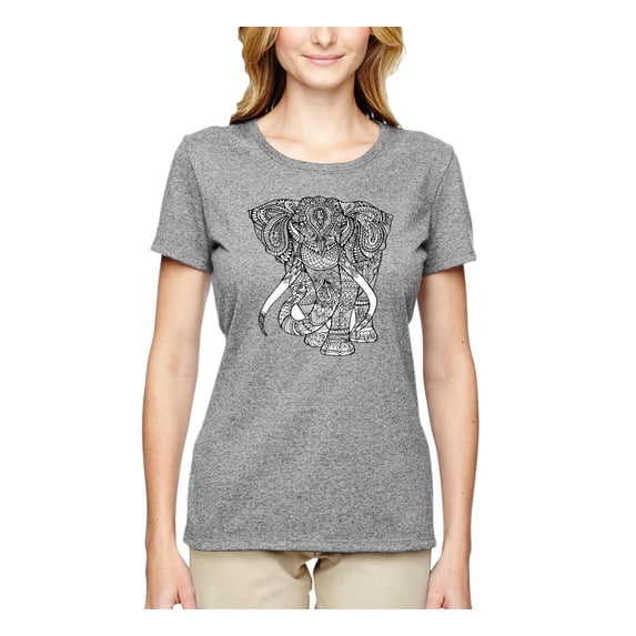 Black and White Mosaic Retro Mandala Elephant Animal Lover Womens Graphic T-Shirt, Heather Grey, X-Large