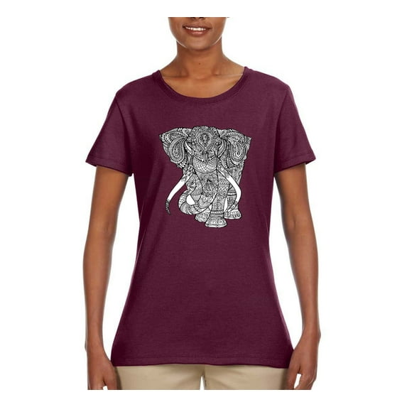 Black and White Mosaic Retro Mandala Elephant Animal Lover Womens Graphic T-Shirt, Maroon, Medium