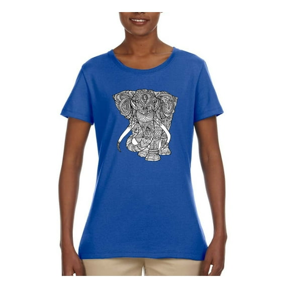 Black and White Mosaic Retro Mandala Elephant Animal Lover Womens Graphic T-Shirt, Royal, Small