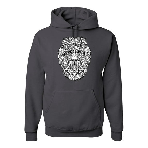 Black and White Mosaic Retro Mandala Lion Animal Lover Graphic Hoodie Sweatshirt, Charcoal, Large