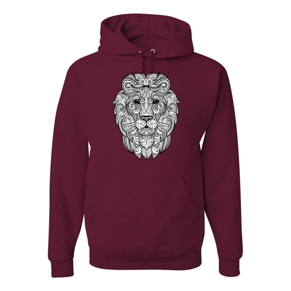 Black and White Mosaic Retro Mandala Lion Animal Lover Graphic Hoodie Sweatshirt, Maroon, X-Large