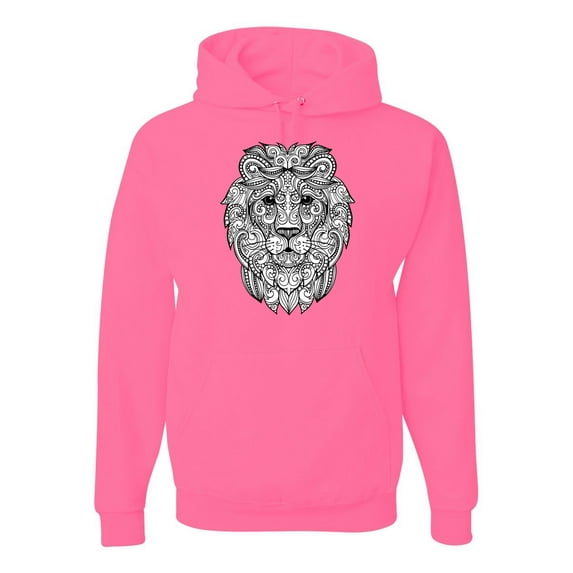 Black and White Mosaic Retro Mandala Lion Animal Lover Graphic Hoodie Sweatshirt, Neon Pink, 3XL