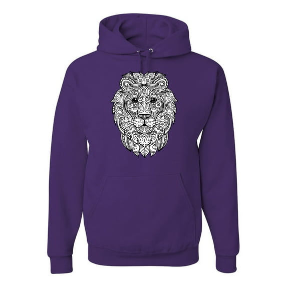 Black and White Mosaic Retro Mandala Lion Animal Lover Graphic Hoodie Sweatshirt, Purple, Large