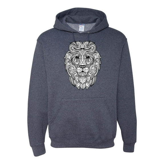 Black and White Mosaic Retro Mandala Lion Animal Lover Graphic Hoodie Sweatshirt, Vintage Heather Navy, Large