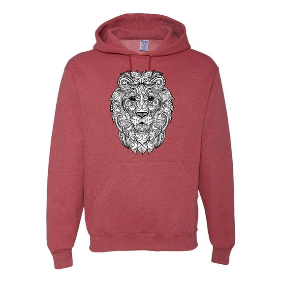 Black and White Mosaic Retro Mandala Lion Animal Lover Graphic Hoodie Sweatshirt, Vintage Heather Red, Medium