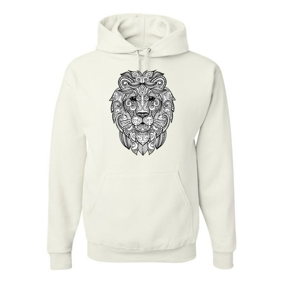 Black and White Mosaic Retro Mandala Lion Animal Lover Graphic Hoodie Sweatshirt, White, Small