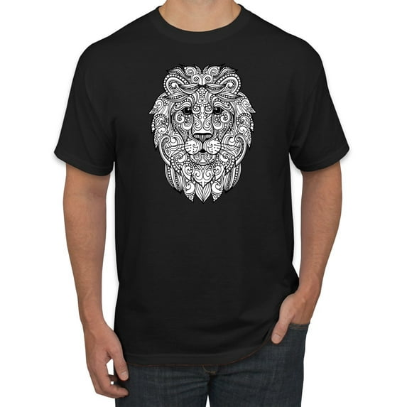 Black and White Mosaic Retro Mandala Lion Animal Lover Graphic T-Shirt, Black, Small