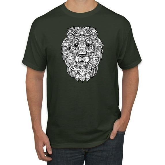 Black and White Mosaic Retro Mandala Lion Animal Lover Graphic T-Shirt, Forest Green, X-Large